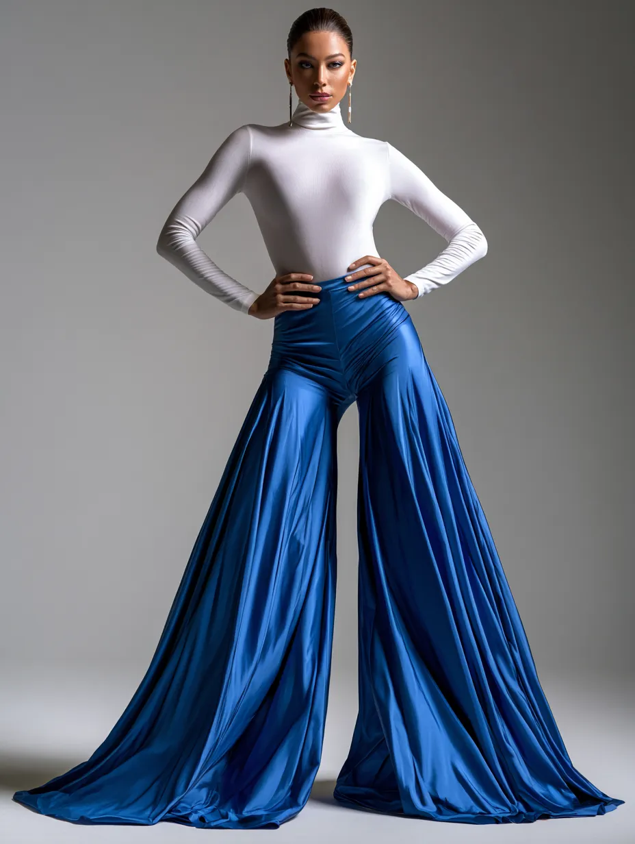 cobalt blue taffeta wide-leg pants editorial studio shot