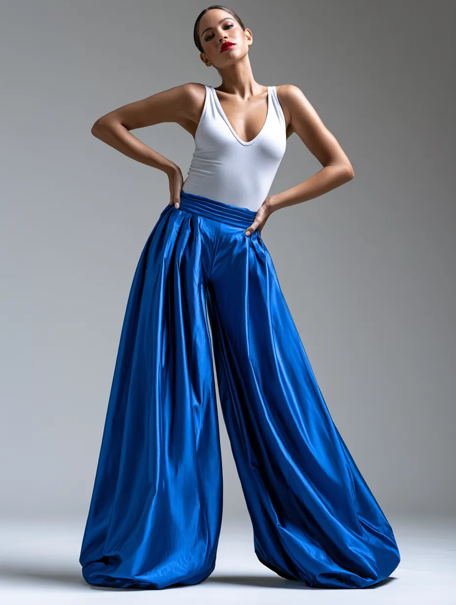 silk taffeta trouser outfit light-catching structured fabric