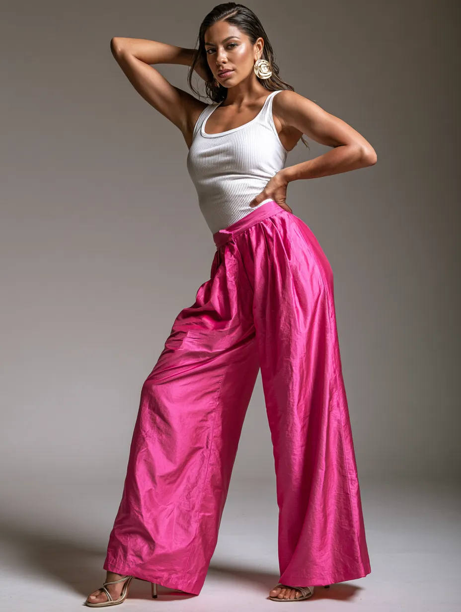 wide leg taffeta trouser styling strappy sandals editorial