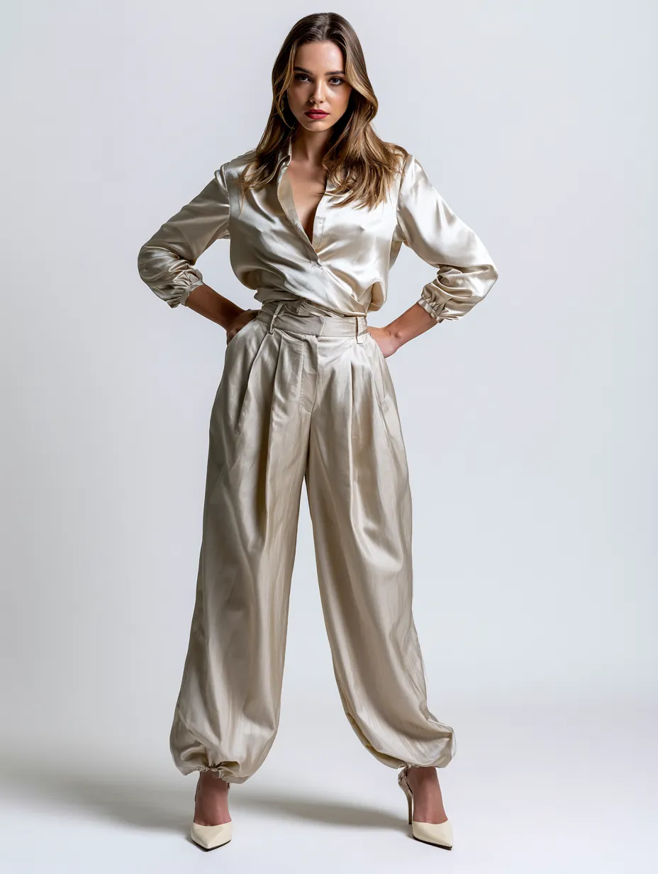 champagne taffeta high-waisted trousers styled with blouse
