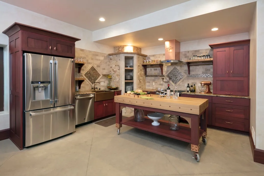 Modular kitchen island with removable cutting board and storage drawer components detail 3