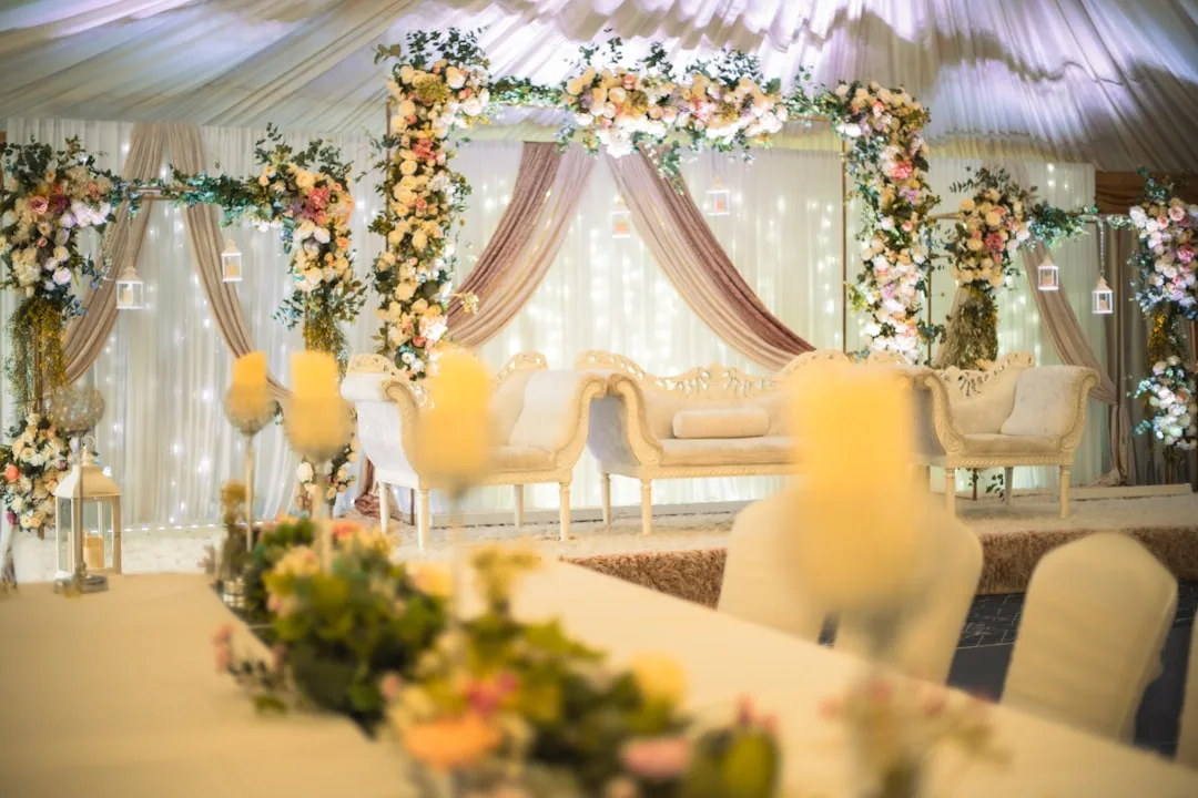 Venue lighting design showing color-changing LED fixtures and spotlighting