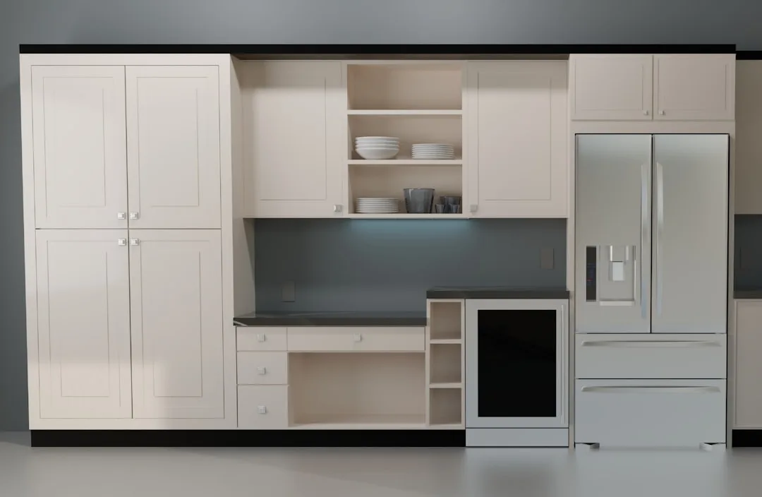 Modular kitchen island with removable cutting board and storage drawer components detail 4