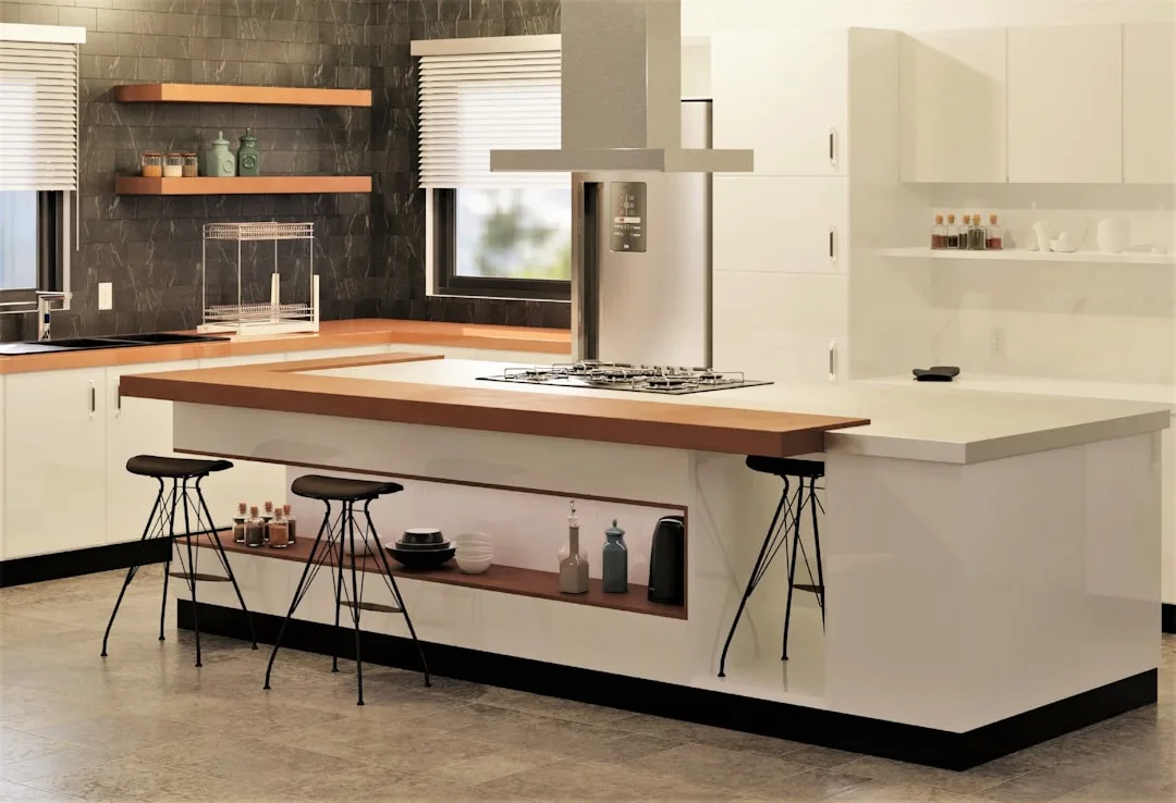 Modular kitchen island with removable cutting board and storage drawer components detail 2
