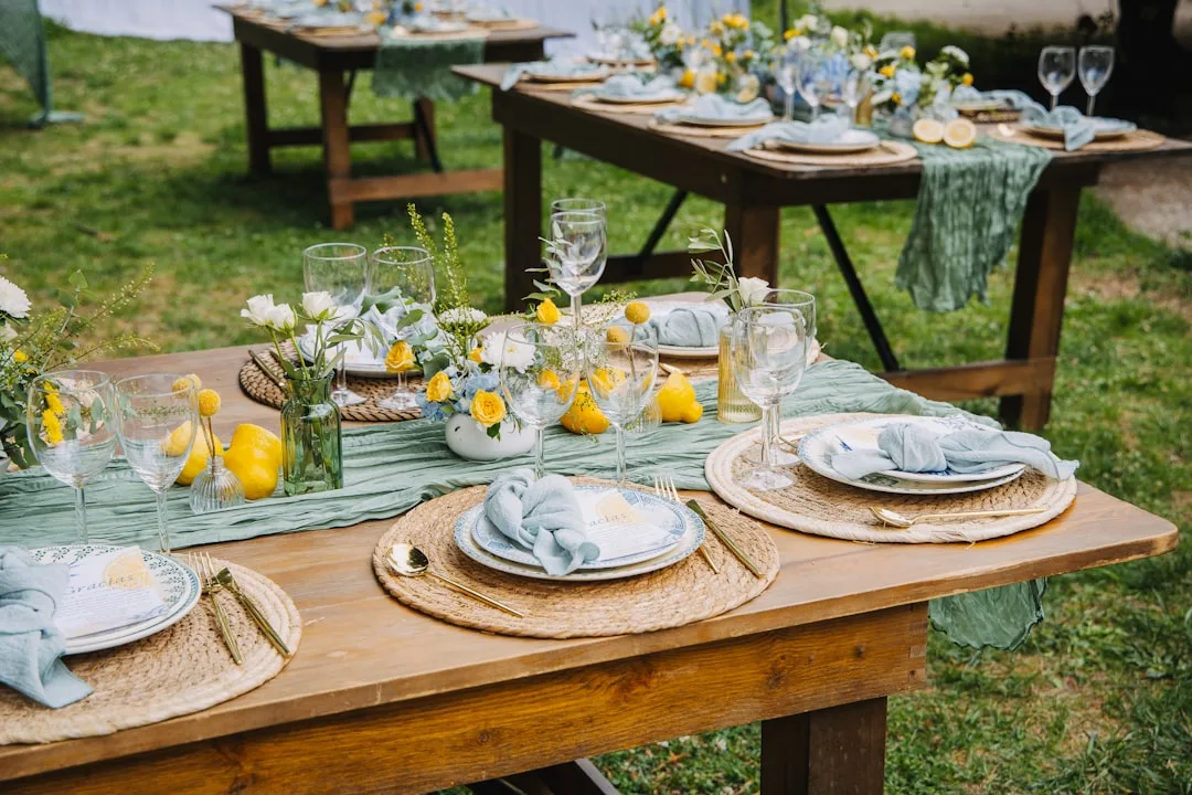 Tiered garden party setup with sustainable flooring and patio design