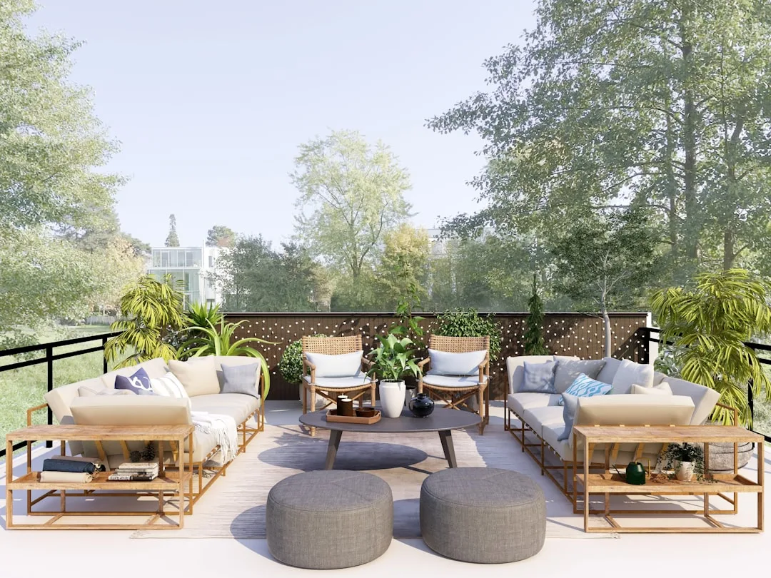 Modular sectional sofa pieces scattered across modern patio space