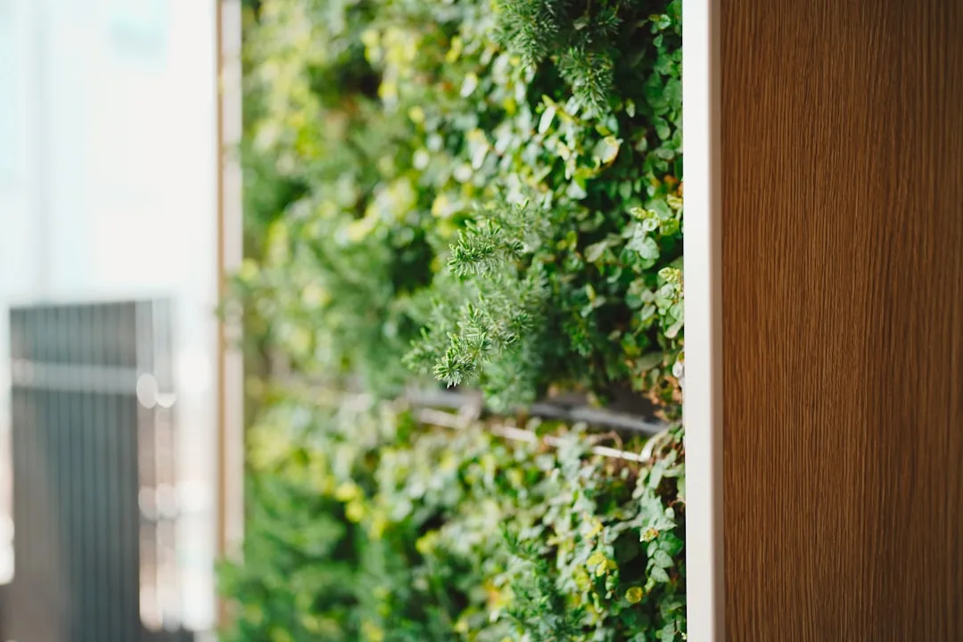 Modular vertical garden panel system installed on residential patio wall