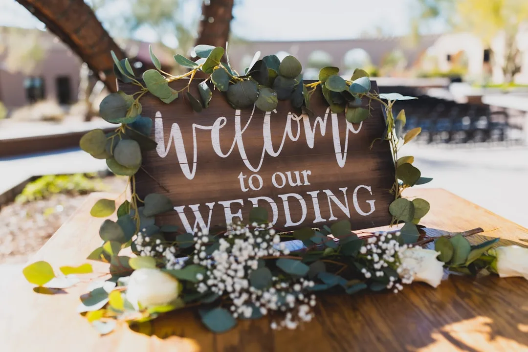 Minimalist acrylic wedding welcome sign with couple names and date