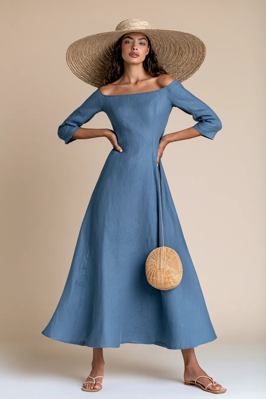 Casual garden wedding guest outfit for women featuring a linen midi dress and wide-brim hat