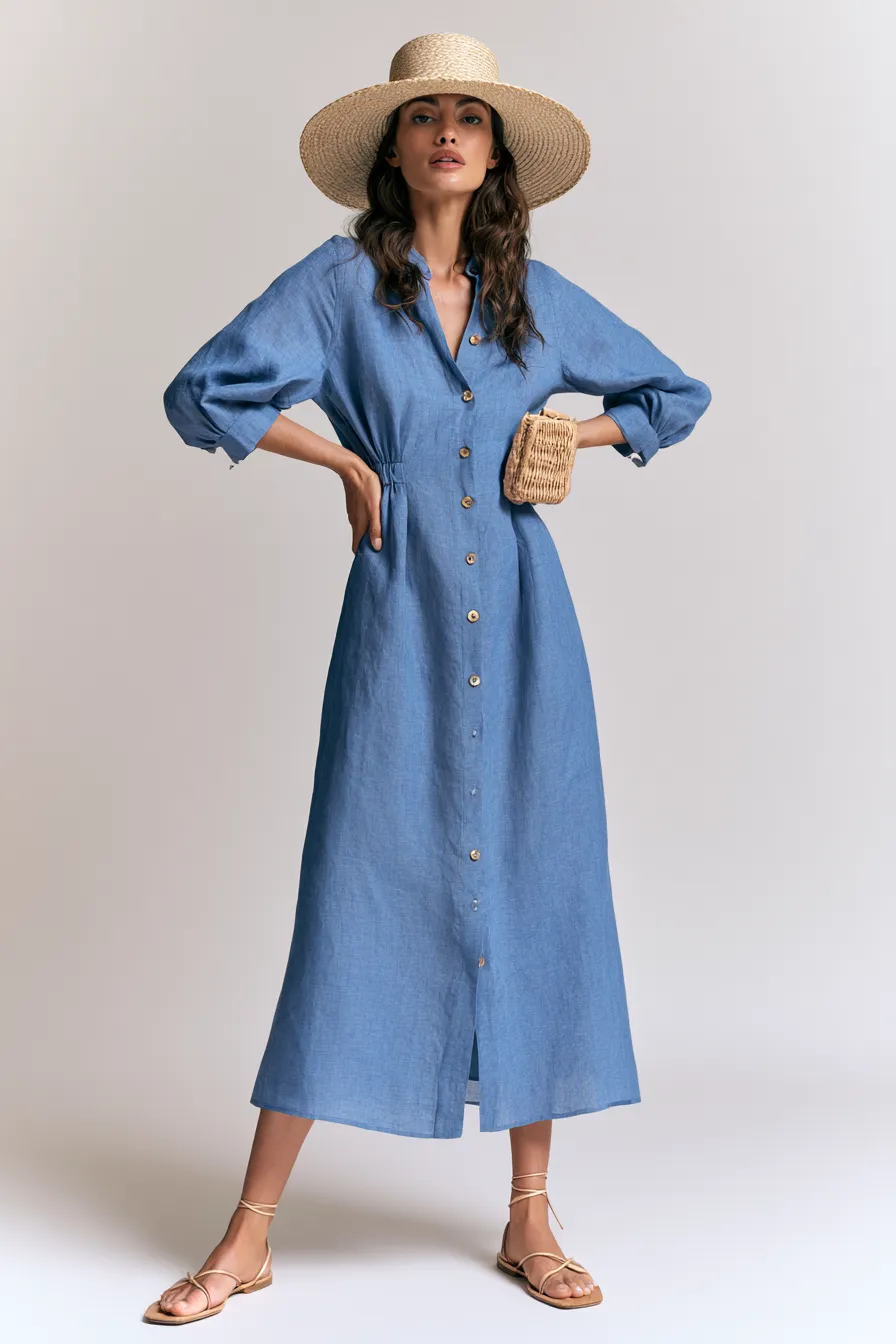 Relaxed linen A-line dress as a casual outdoor wedding guest look for women
