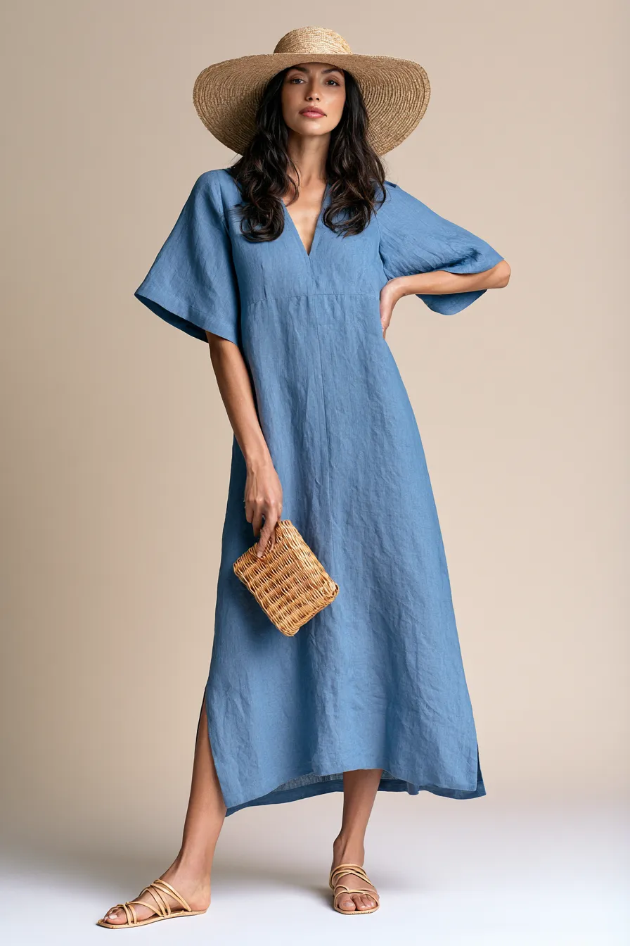 Women's casual wedding guest outfit in blue linen midi with rattan clutch and flat sandals