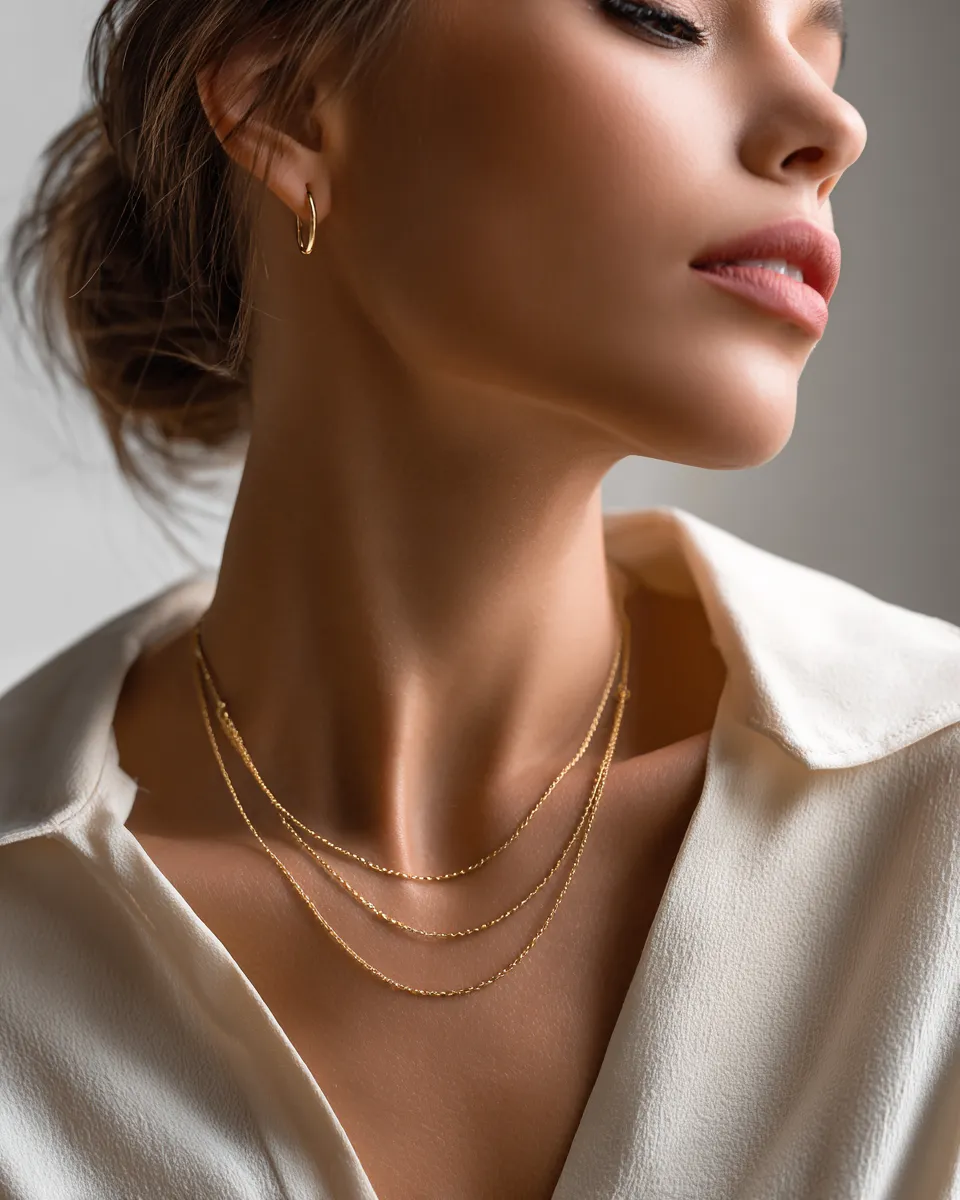 Clean girl aesthetic accessories 2026 — layered thin gold chain necklaces and small gold hoop earring