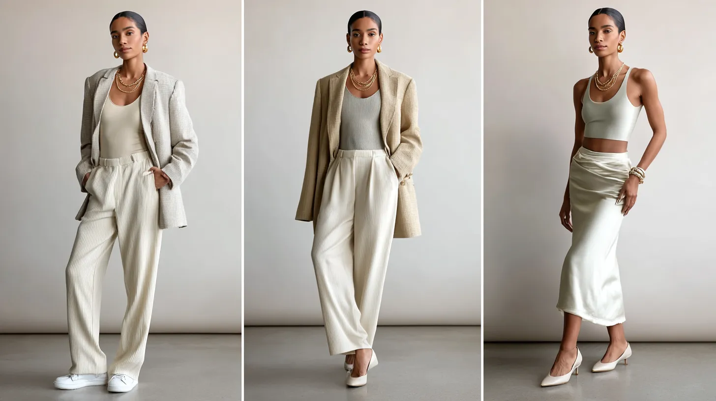 Clean girl aesthetic 2026 outfit trio — oatmeal, camel and ivory styling across three