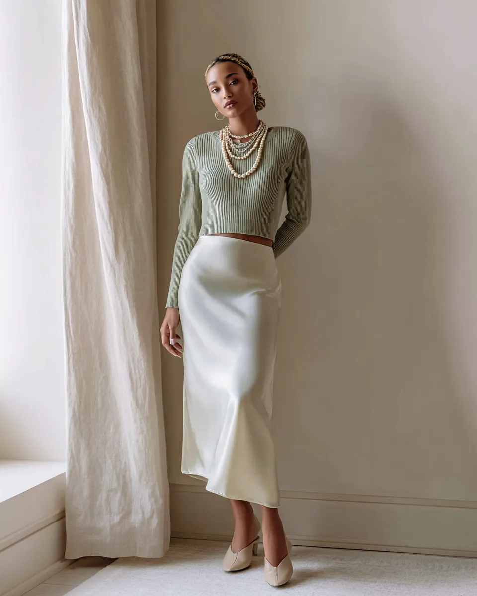 Clean girl evening look 2026 — satin skirt, muted sage ribbed top and layered gold chain jewelry