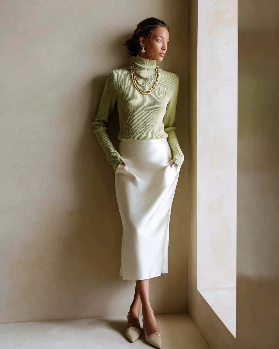 2026 clean girl outfit for dinner — ivory midi skirt with sage green top and nude kitten heels
