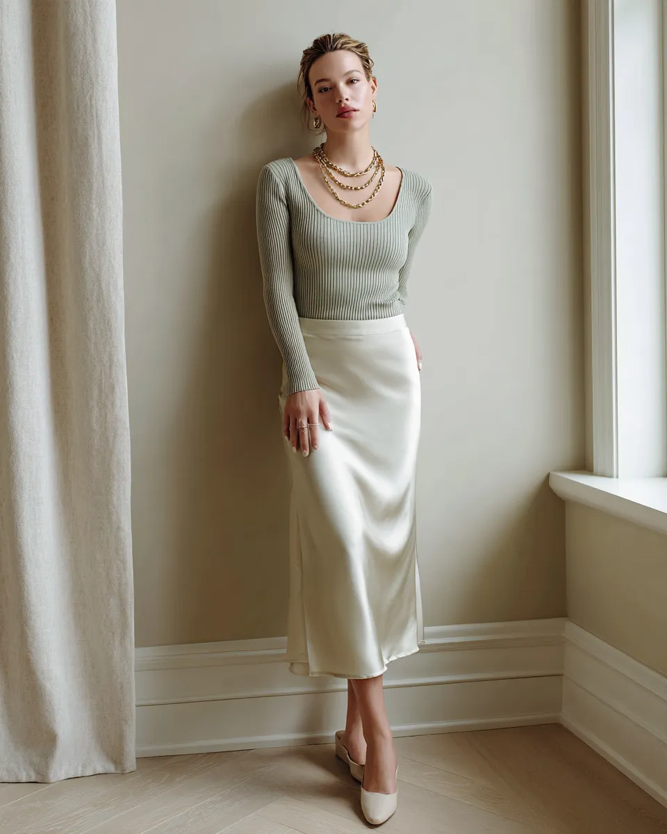 Clean girl aesthetic evening styling — satin, ribbed knit and minimal gold jewelry in warm interior