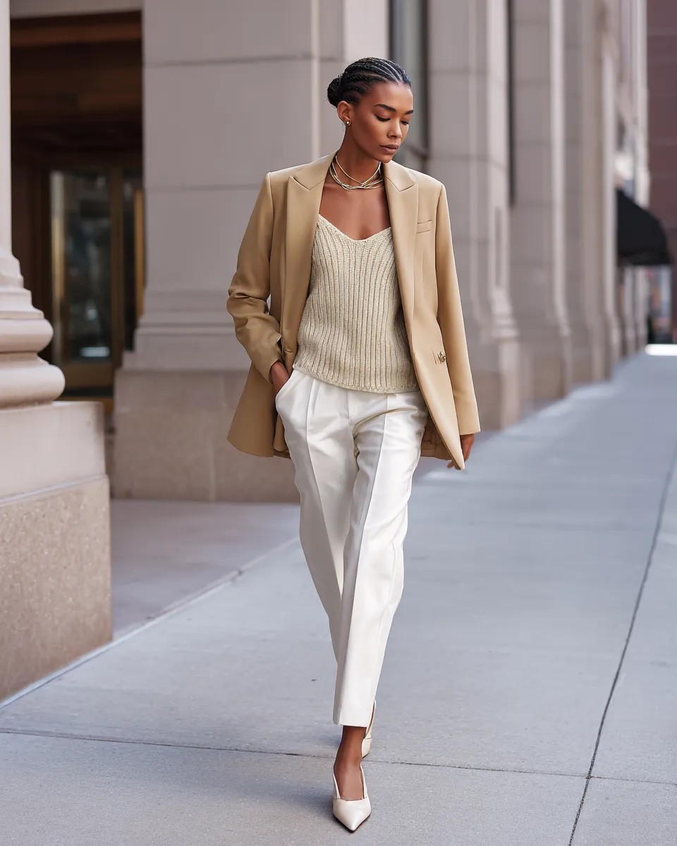 Clean girl outfit with oversized camel blazer and straight-leg neutral trousers on city street
