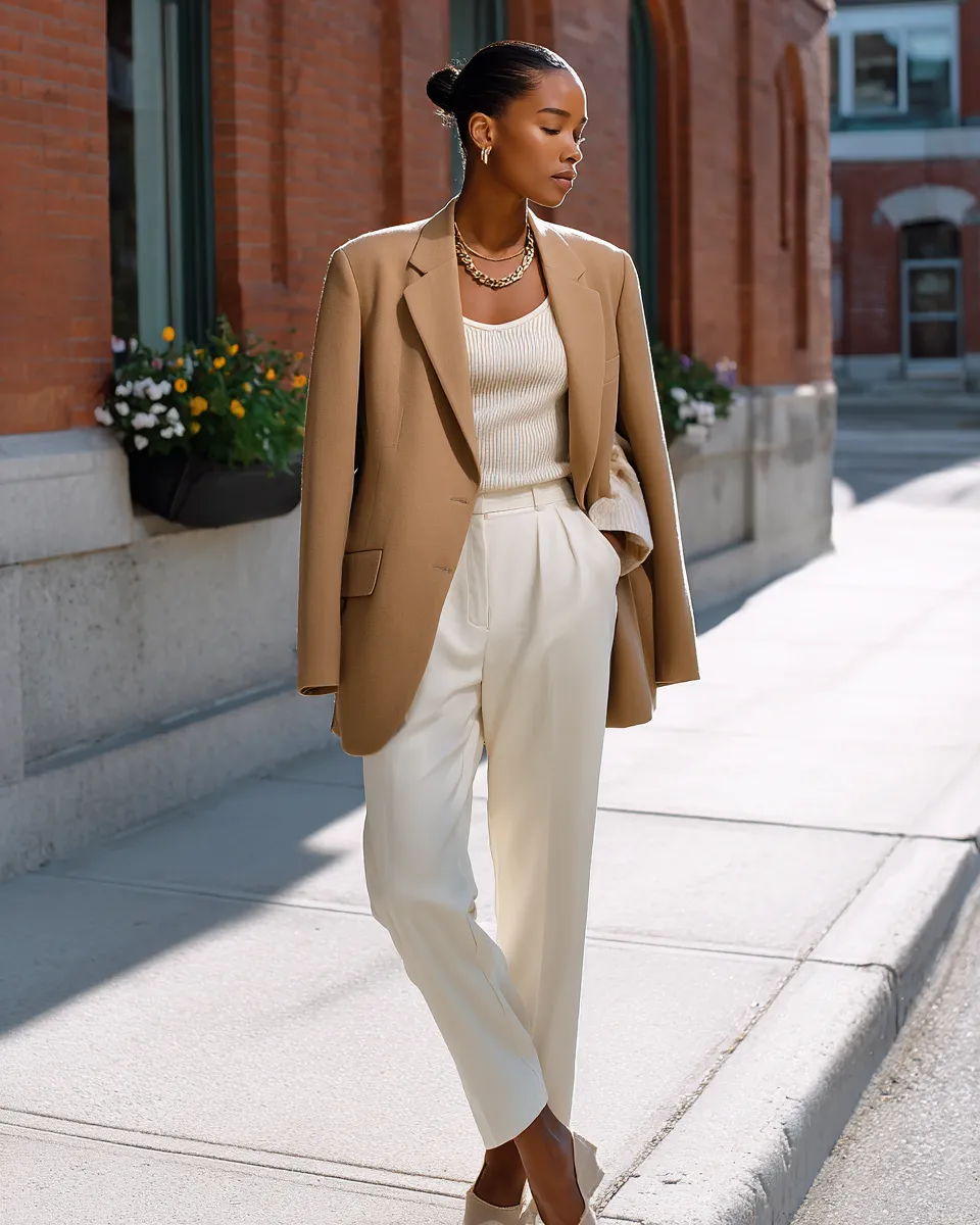 2026 clean girl street look — blazer over ribbed top with thin gold chain and flat mules