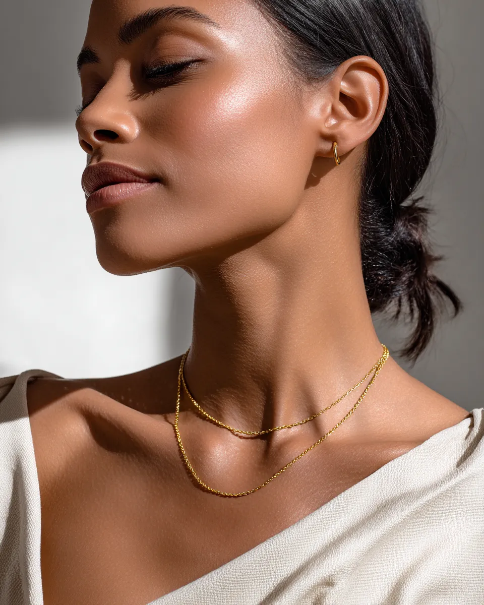 Minimal gold jewelry for clean girl look — two delicate chain necklaces at different lengths