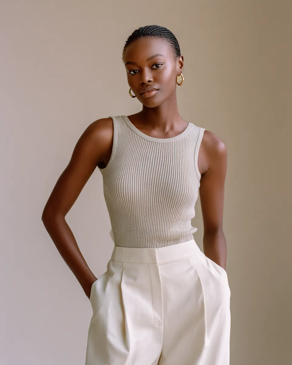 Minimalist clean girl style 2026 — warm neutrals and gold hoop earrings