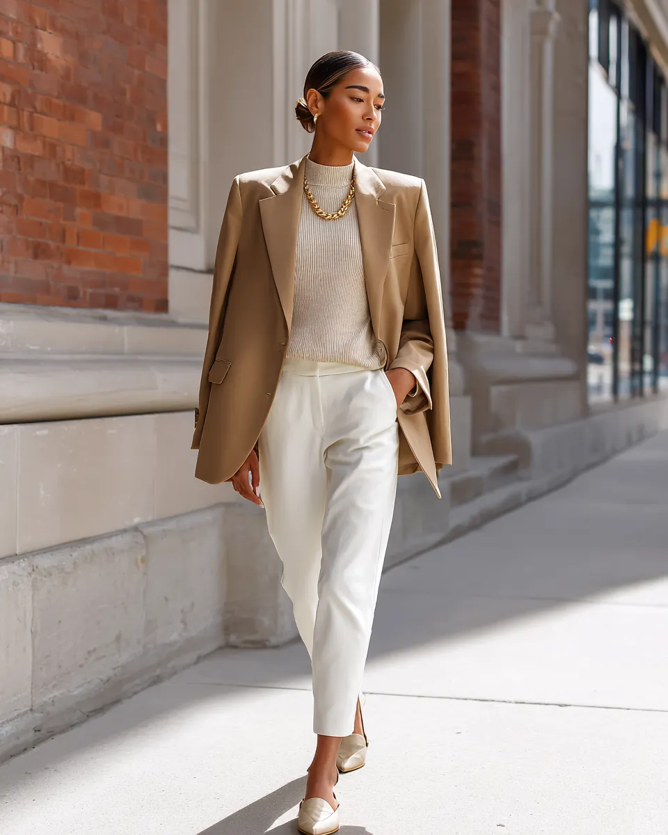 Street style clean girl aesthetic — camel and cream outfit with smooth low bun