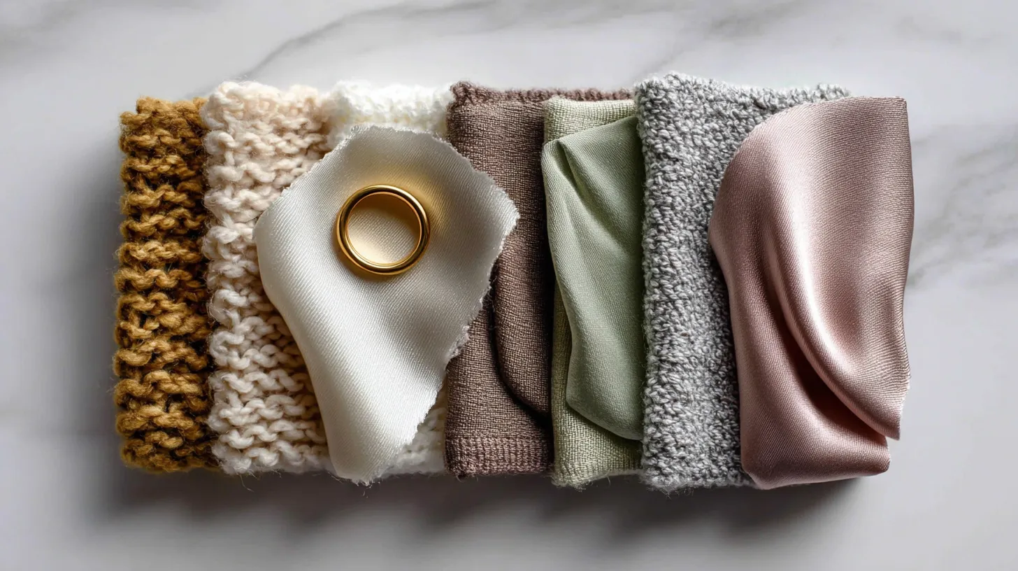 2026 neutral color palette for clean girl fashion — warm-toned fabric swatches with gold accent