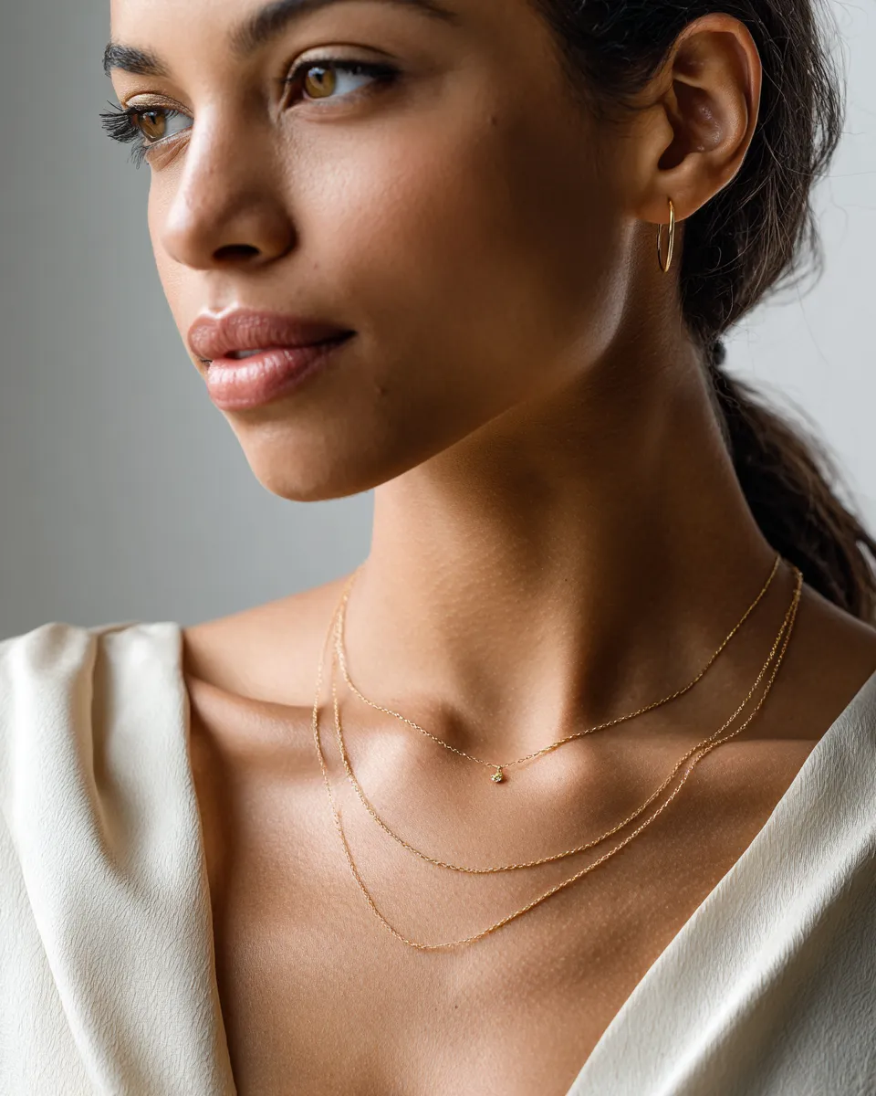 Clean girl jewelry detail — layered gold chains on collarbone with warm glowing skin