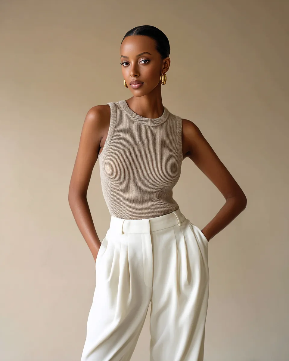 Neutral toned clean girl outfit — ribbed top and wide-leg trousers in cream