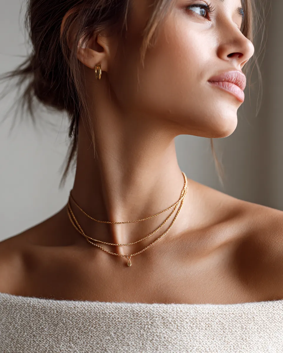 Gold hoop earring and layered chain necklaces for clean girl aesthetic 2026