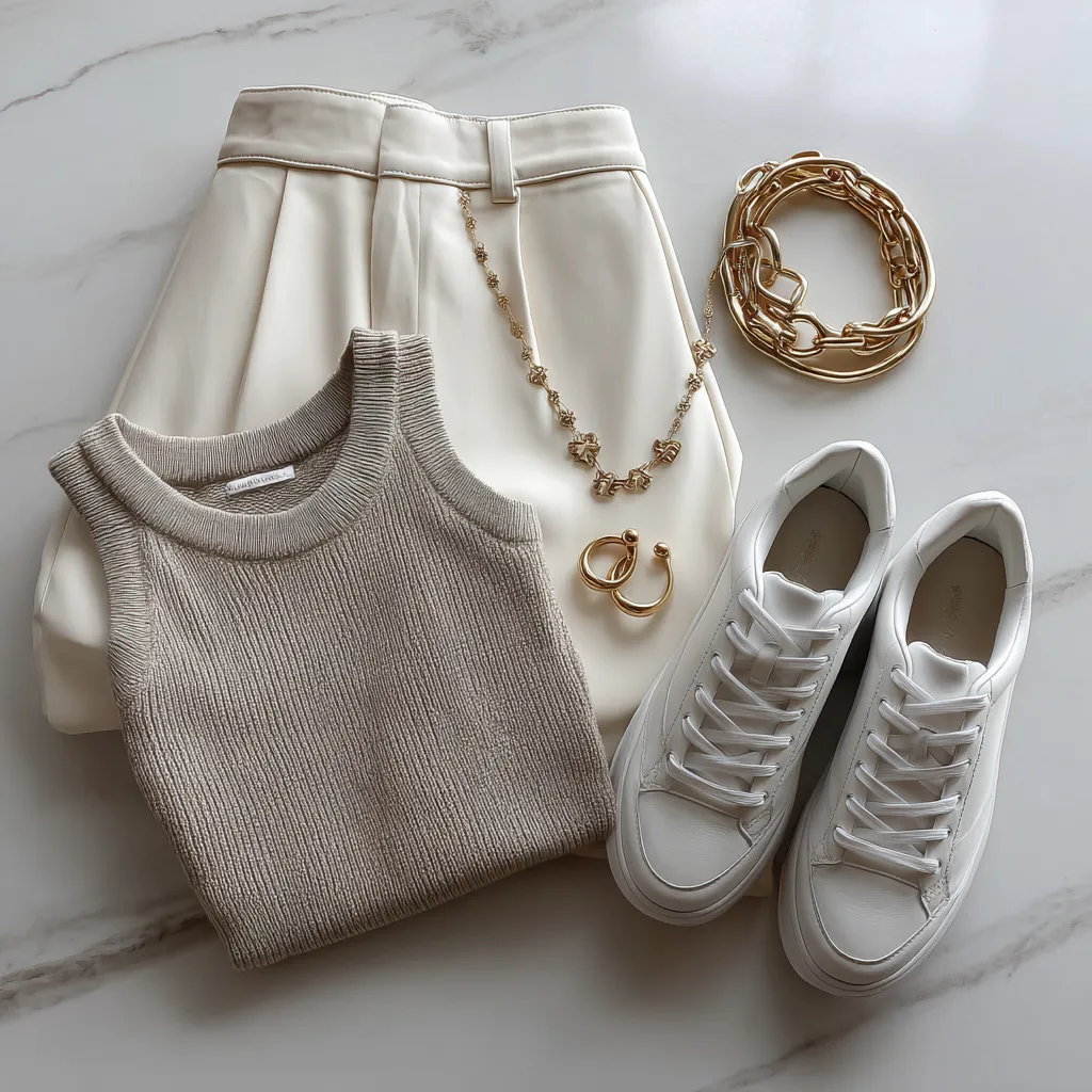 Clean girl style building blocks — cream and oatmeal pieces with thin gold chain necklaces
