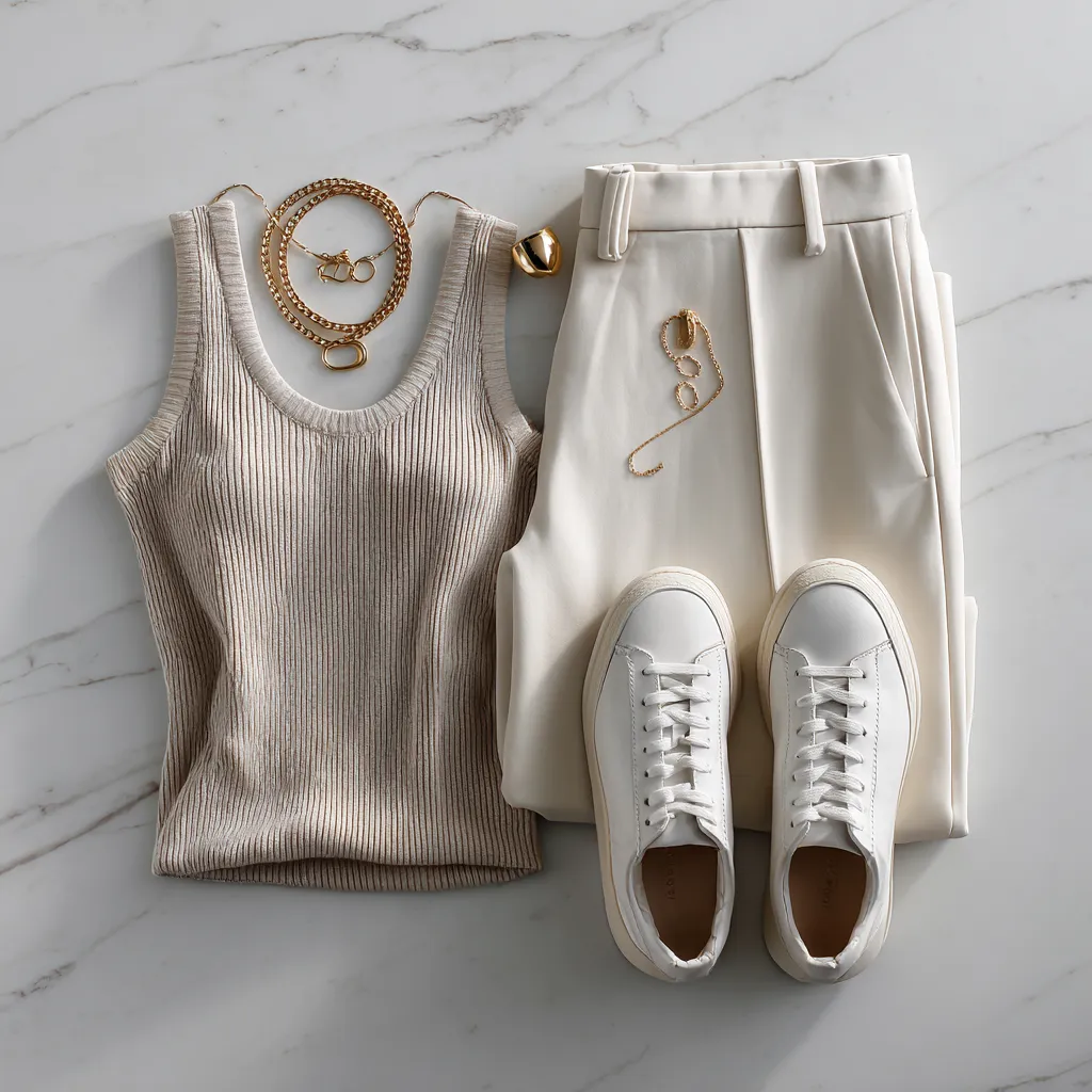Neutral flat lay for clean girl aesthetic — ribbed knit top with cream trousers and gold jewelry