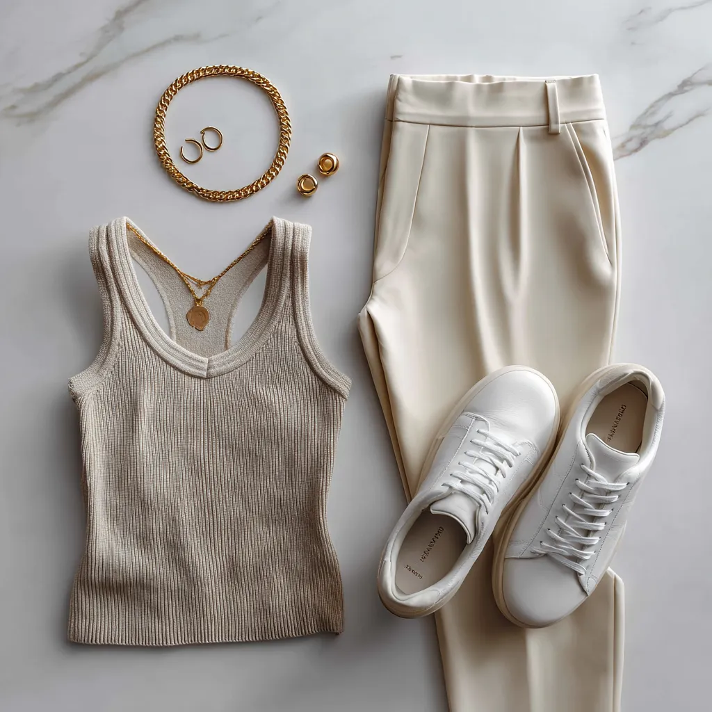 Clean girl wardrobe essentials 2026 — oatmeal ribbed basics and minimal gold accessories