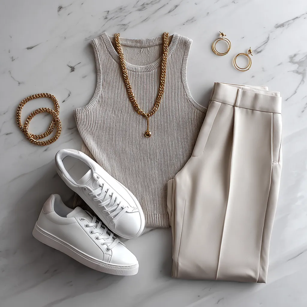 Clean girl aesthetic flat lay — ribbed knit tank, cream trousers, gold hoops and white sneakers