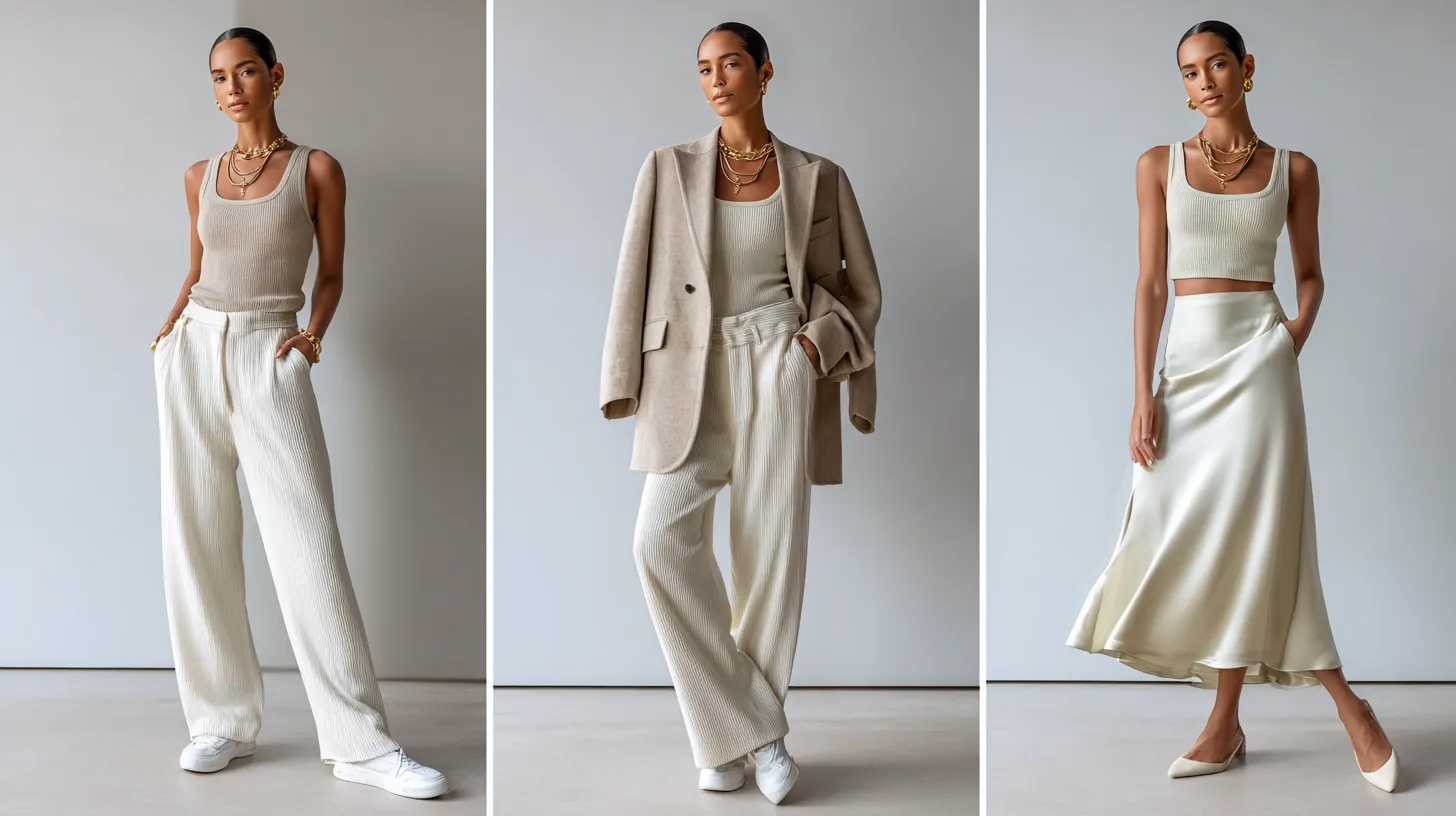 Clean girl outfit ideas 2026 — ribbed tank everyday look, camel blazer work look, satin evening look