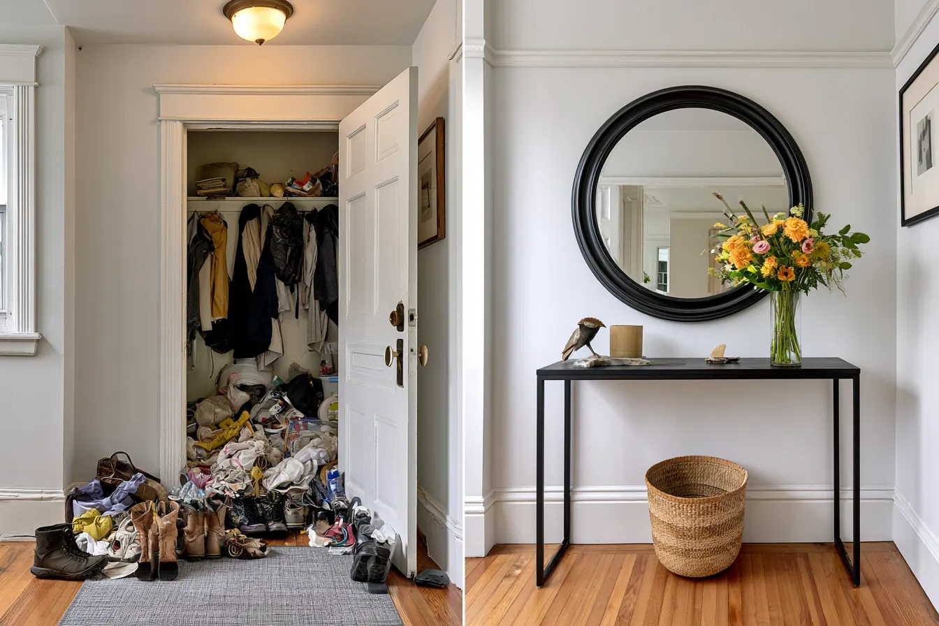 Serene feng shui inspired home decor in entryway with single floral arrangement