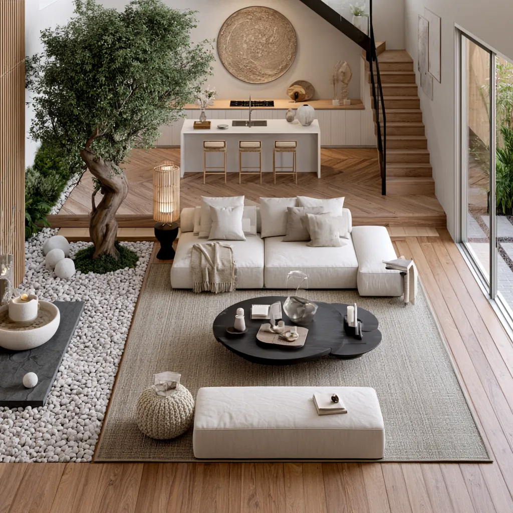 Feng shui home design apartment with natural rattan and linen textures