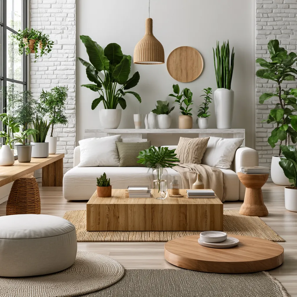 Feng shui home decor earth tones and ceramic accessories on wooden shelf