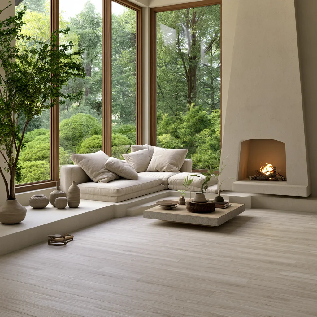 Cozy feng shui interior design with candles and layered warm textiles