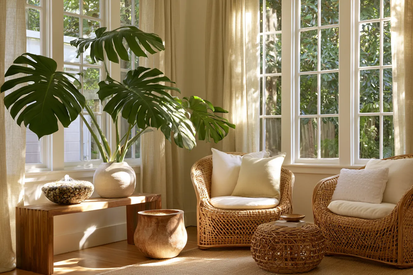 Natural elements in feng shui interior design featuring rattan furniture and linen curtains