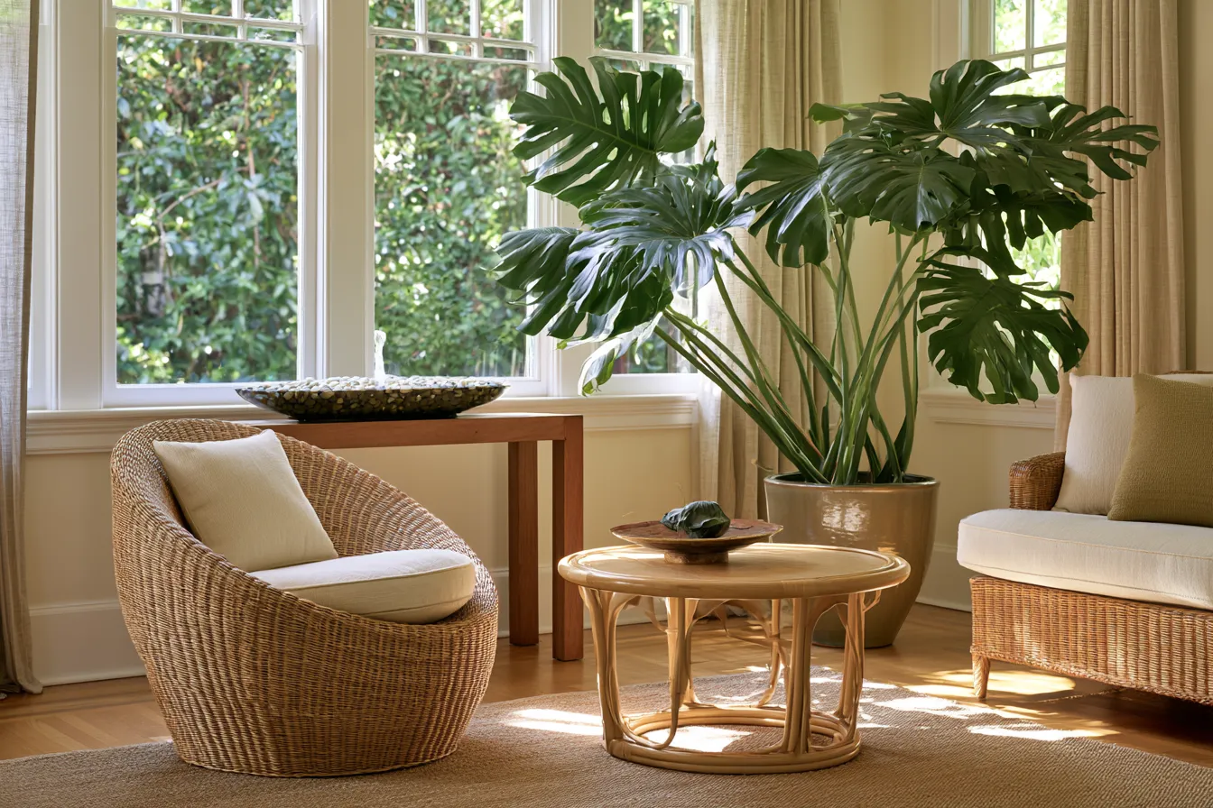 Feng shui home decor with large tropical plant and pebble water feature