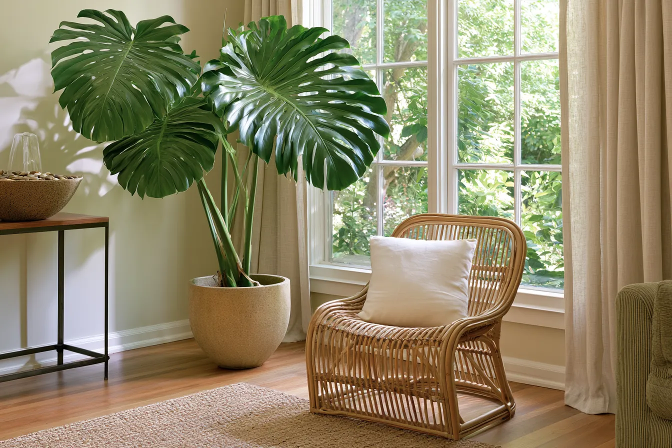 Biophilic feng shui house design with natural materials and dappled window light