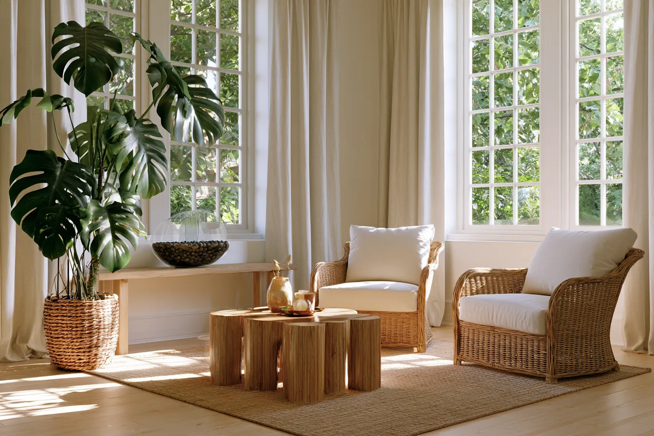 Feng shui inspired home design with monstera plant and indoor water fountain