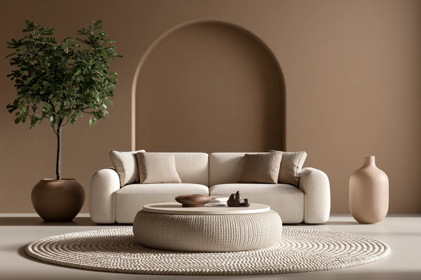 Feng shui living room design with commanding sofa position and earth-tone palette