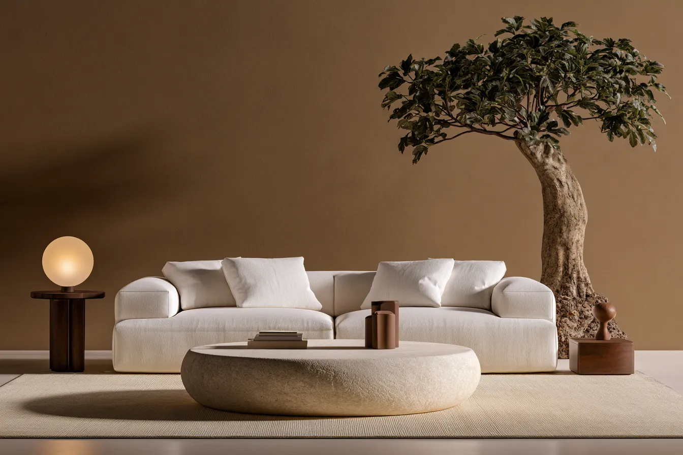 Interior feng shui home design featuring fig tree and round coffee table