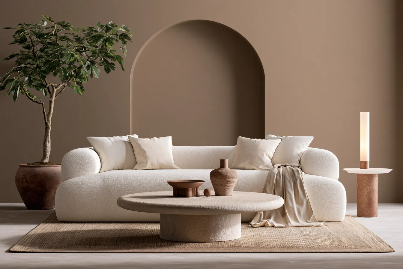 Balanced feng shui inspired living room with warm ambient lighting
