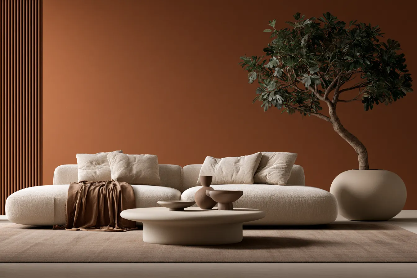 Feng shui house design living area with natural textures and clear energy pathways