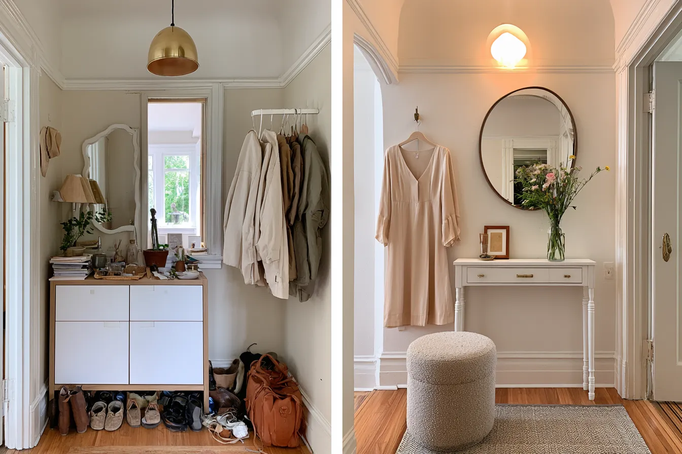 Decluttered feng shui house design entrance with console table and warm lighting