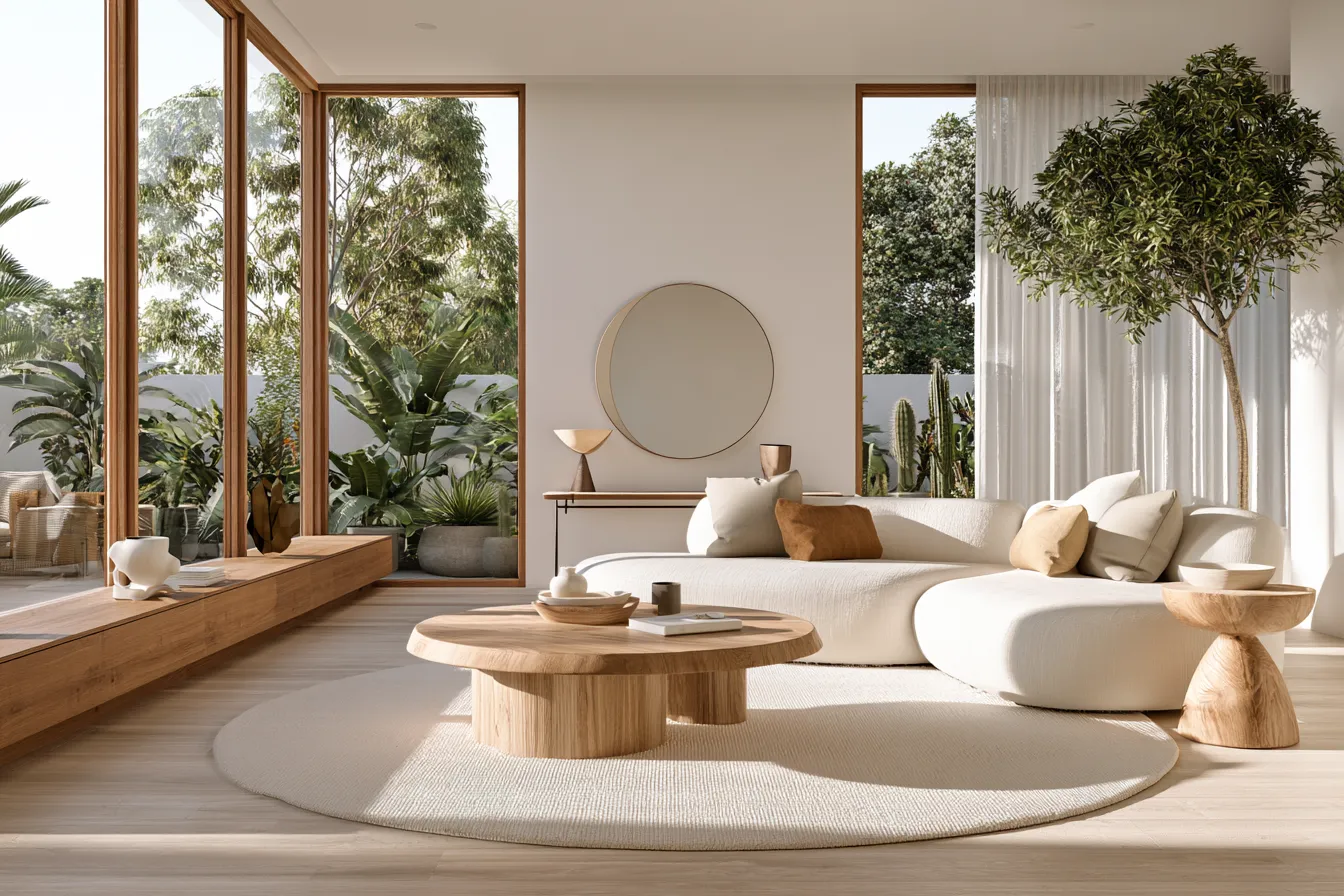 Feng shui home design living room with natural wood furniture and abundant daylight
