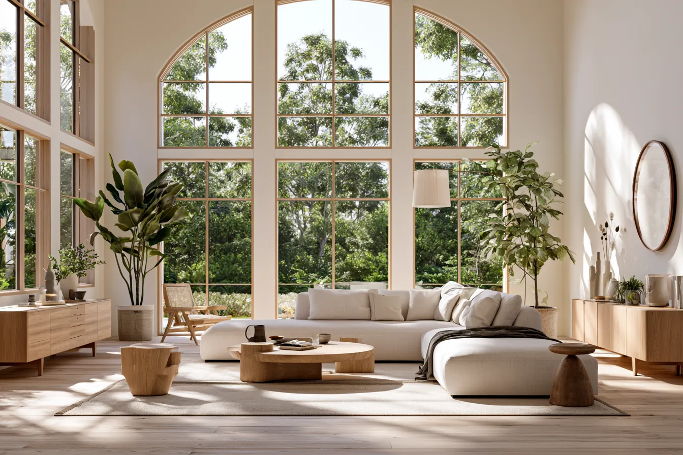Harmonious feng shui house design with floor-to-ceiling windows and linen sofa