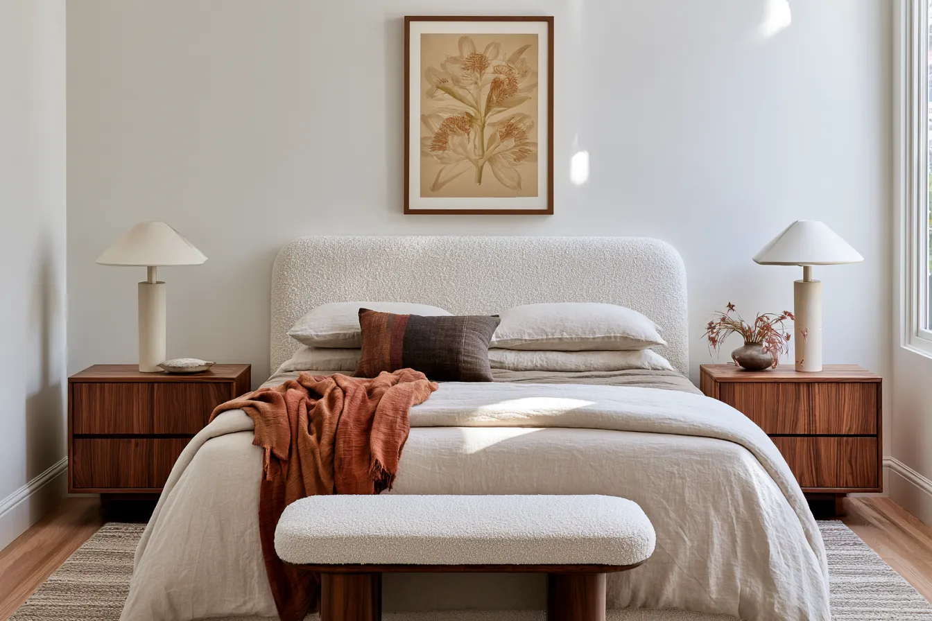 Calm bedroom furniture and decor featuring layered linen bedding and botanical wall art
